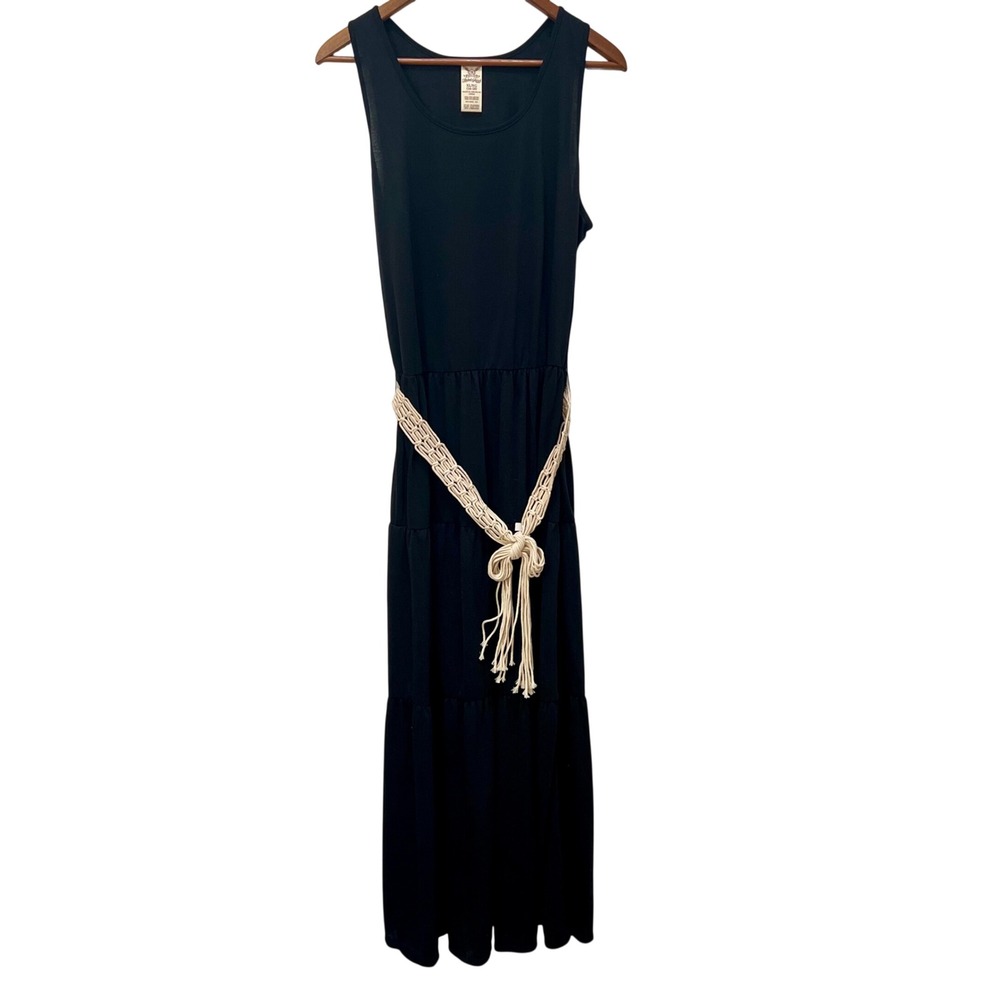 Faded Glory Womens Black Tiered Maxi Dress Macrame Belt XL 16-18 NWT Boho - Picture 1 of 7